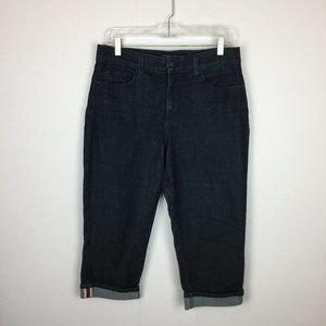 NYDJ Cropped Capris Jeans Sz 10 Womans Dark Wash High Rise Cuffed Hem Blue Denim